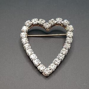 Vintage Clear Rhinestone Heart Brooch, Gold Tone, Prong Set Rhinestones, 1 1/2"